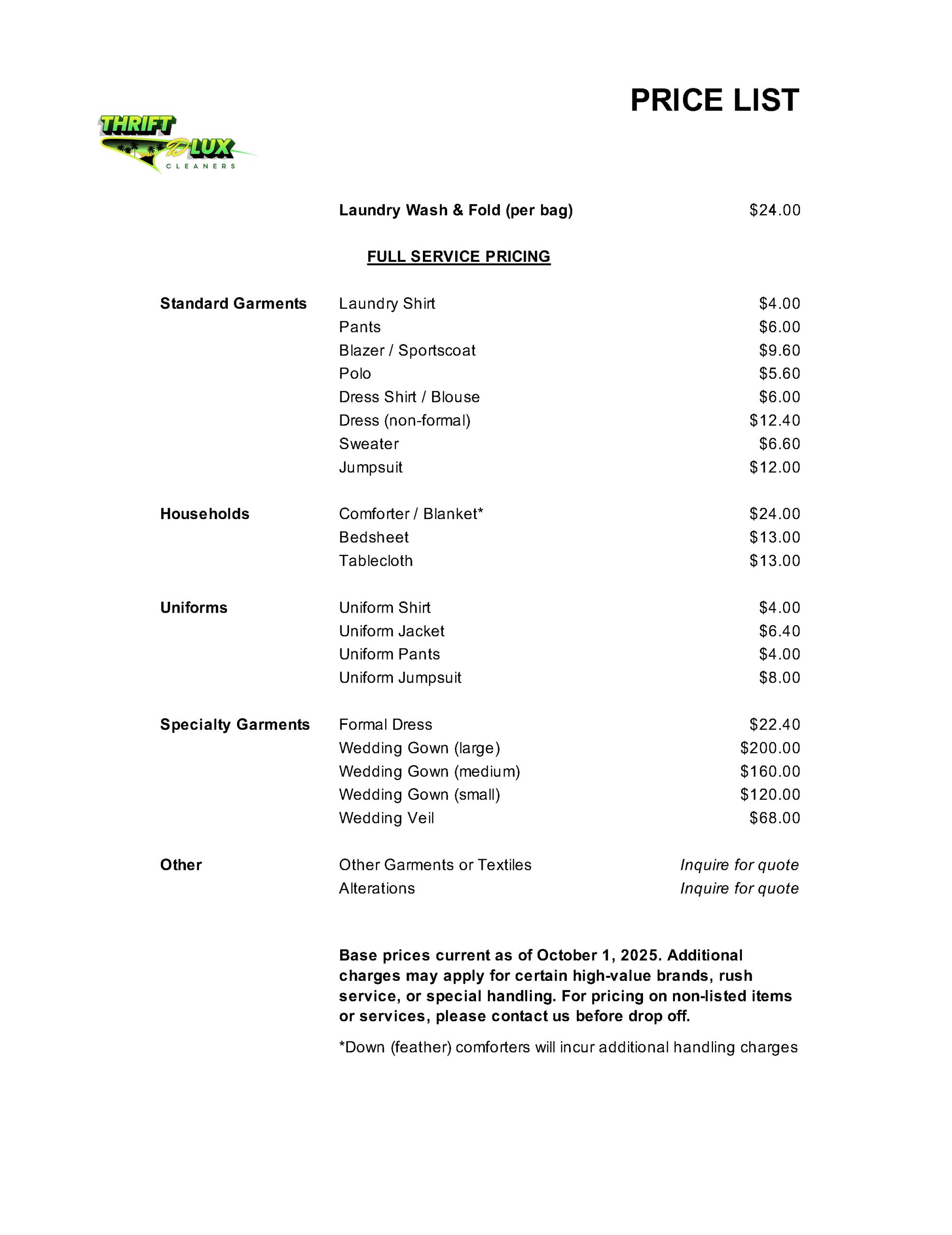 Thrift DLux Cleaners Platinum Member Pricing sheet