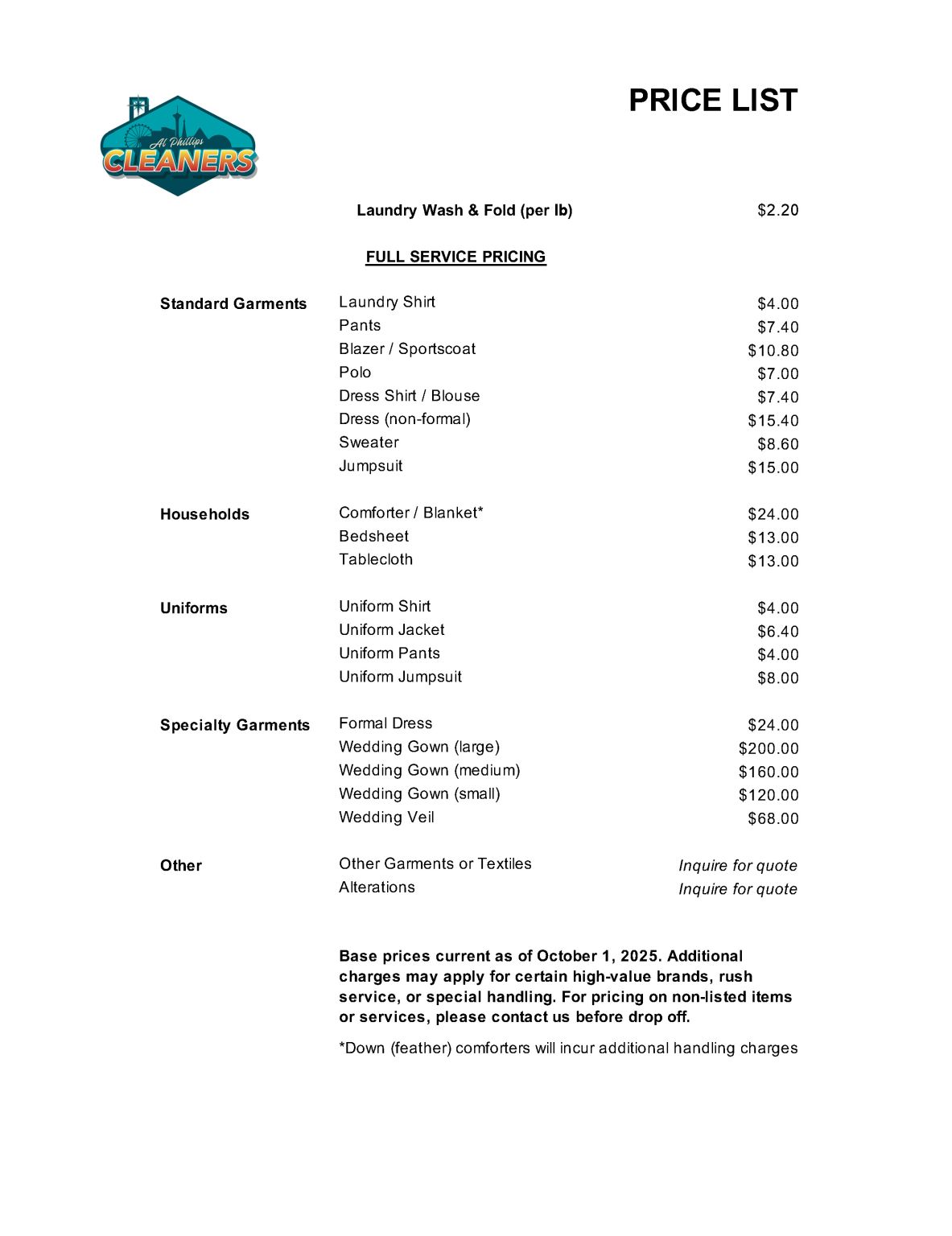 Al Phillips Cleaners Platinum Member Pricing sheet