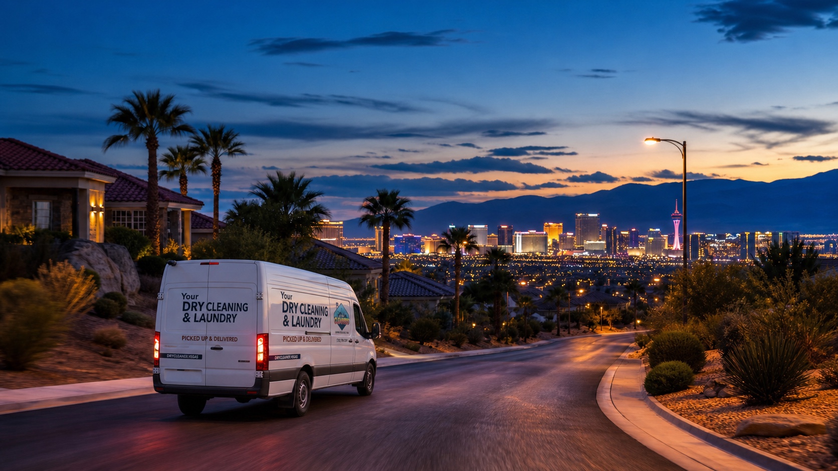 White Al Phillips Cleaners delivery van serving a Las Vegas neighborhood